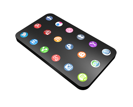 A cell phone with a bunch of social media icons on it